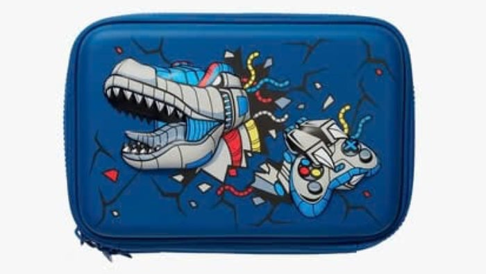 A blue zippered pouch featuring a cartoon graphic of a white alligator and a blue robot crashing through a wall, shown against a plain light gray background.
