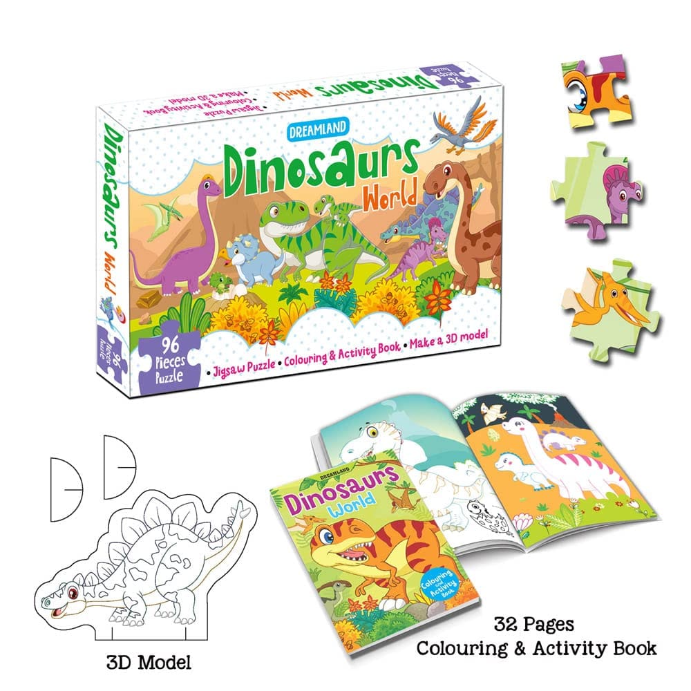Dinosaurs World Jigsaw Puzzle for Kids – 96 Pcs With Colouring & Activity Book and 3D Model