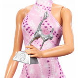 Barbie Careers Fashion Doll & Accessories, Brunette in Removable Pink Skate Outfit with Ice Skates & Trophy
