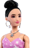 Barbie Deluxe Style Fashion Doll #11 in Pink Denim Star-Print Dress, Black Hair in Bun