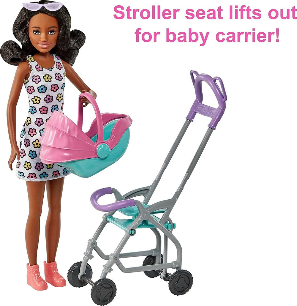 Barbie Skipper Babysitters, Inc. Playset with Babysitter Doll (Curly Brunette Hair), Stroller, Baby Doll & 5 Accessories