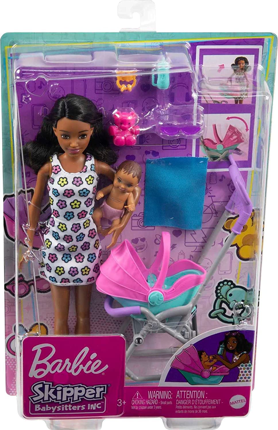 Barbie Skipper Babysitters, Inc. Playset with Babysitter Doll (Curly Brunette Hair), Stroller, Baby Doll & 5 Accessories