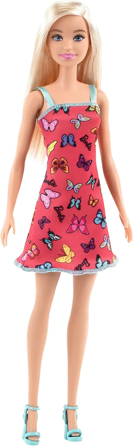 Barbie Doll With Colorful Butterfly And Barbie Logo Print Dress & Strappy Heels