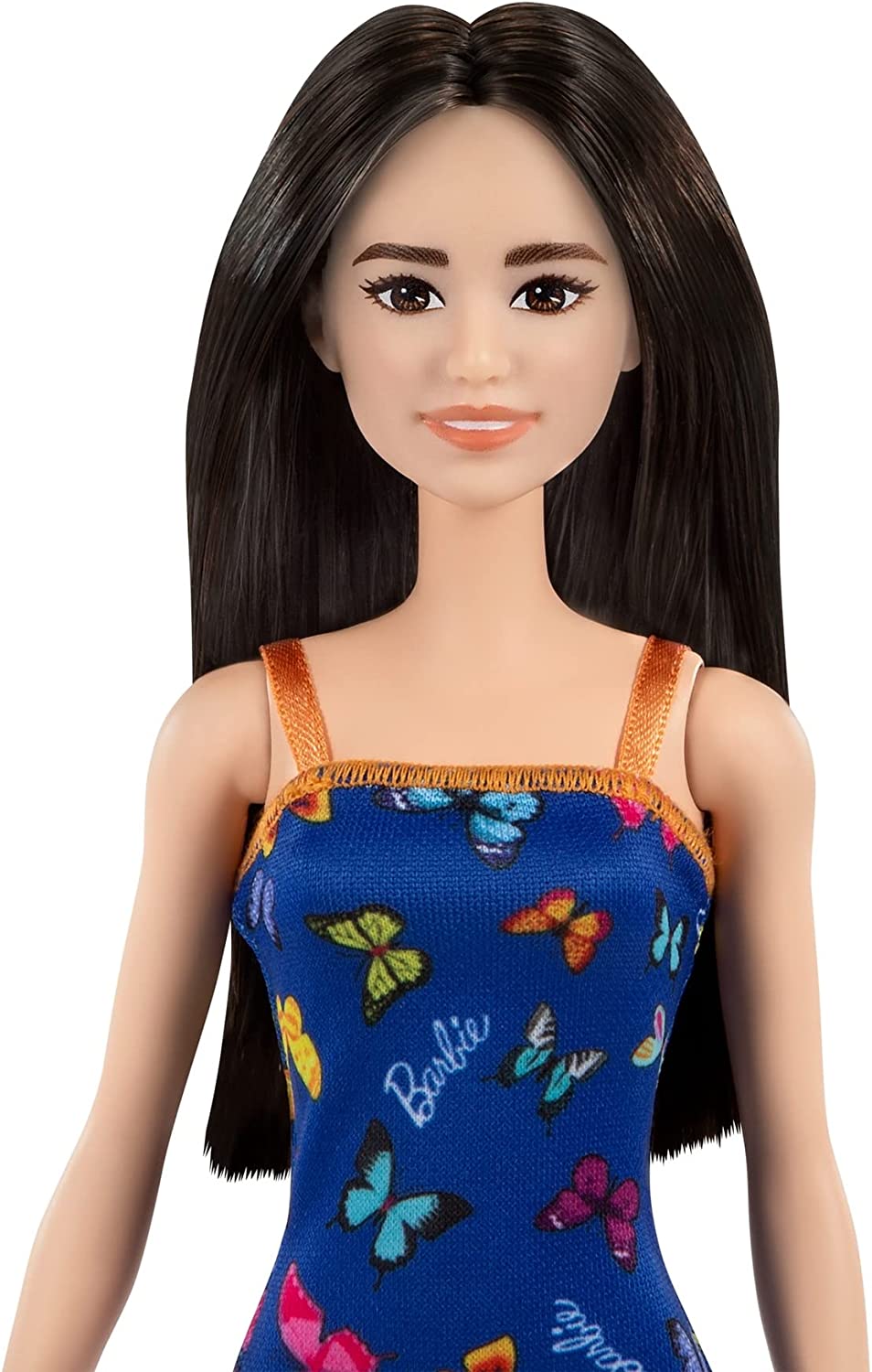 Barbie Doll With Blue Butterfly And Barbie Logo Print Dress & Strappy Heels