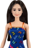 Barbie Doll With Blue Butterfly And Barbie Logo Print Dress & Strappy Heels