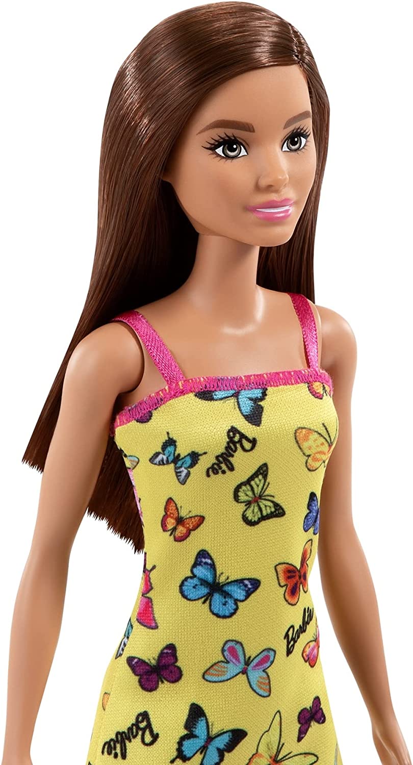 Barbie Doll With Yellow Butterfly And Barbie Logo Print Dress & Strappy Heels