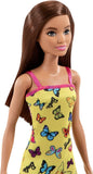 Barbie Doll With Yellow Butterfly And Barbie Logo Print Dress & Strappy Heels