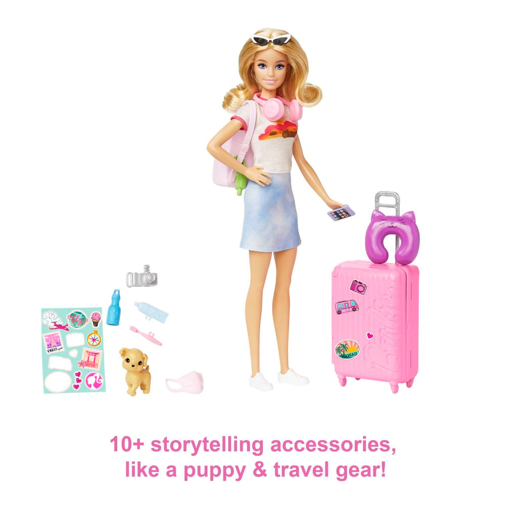 Barbie Doll And Accessories, 'Malibu' Travel Set With Puppy And 10+ Pieces Including Working Suitcase