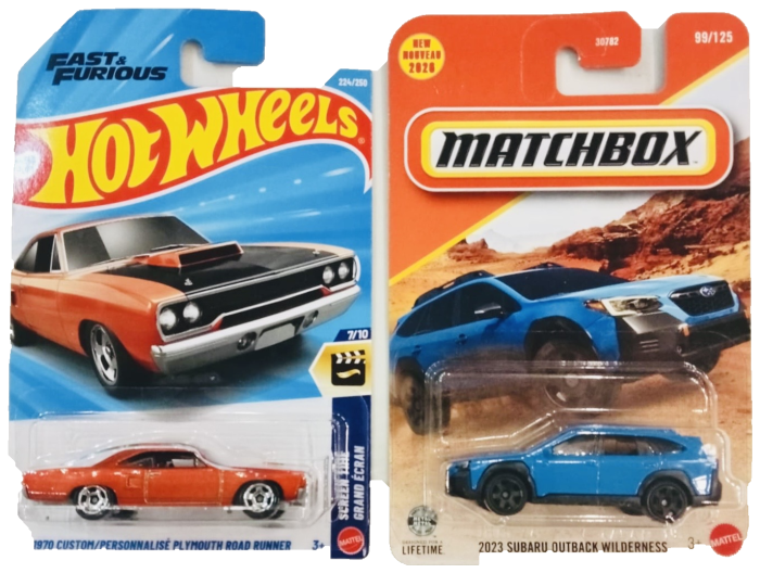 Hot Wheels 1970 Custom/Personnalisé Plymouth Road Runner And Matchbox 2023 Subaru Outback Wilderness
