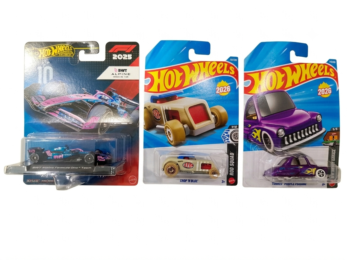 Hot Wheels BWT Alpine Formula 1 Team (#10),Chop 'N Bloc and Tooned Purple Passion