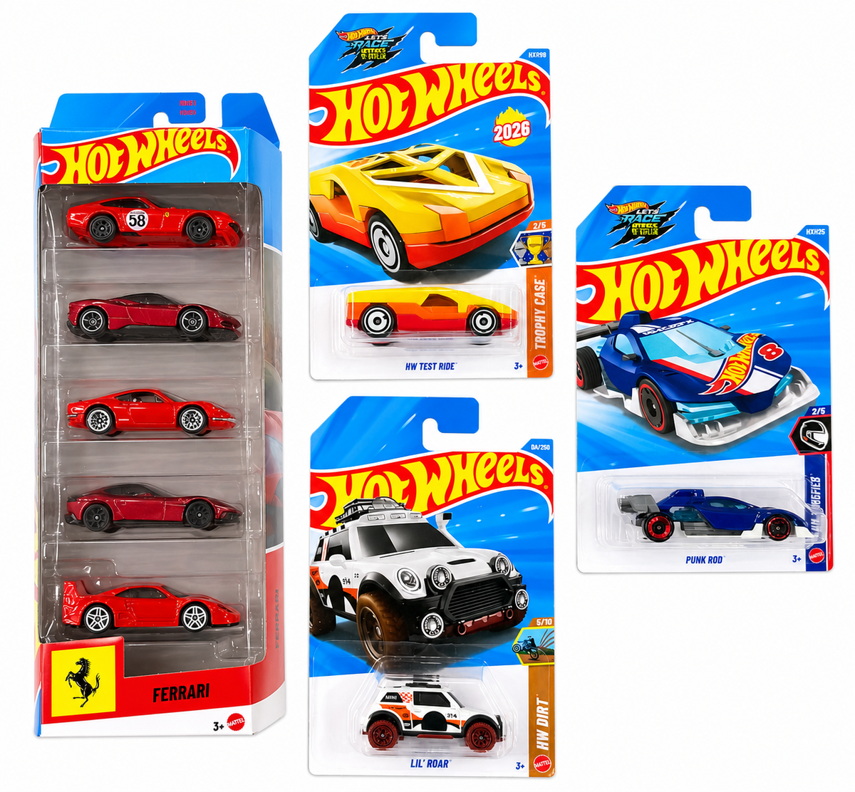 Hot Wheels Ferrari 5 Car Set, HW Test Ride, Lil Roar and Punk Rod