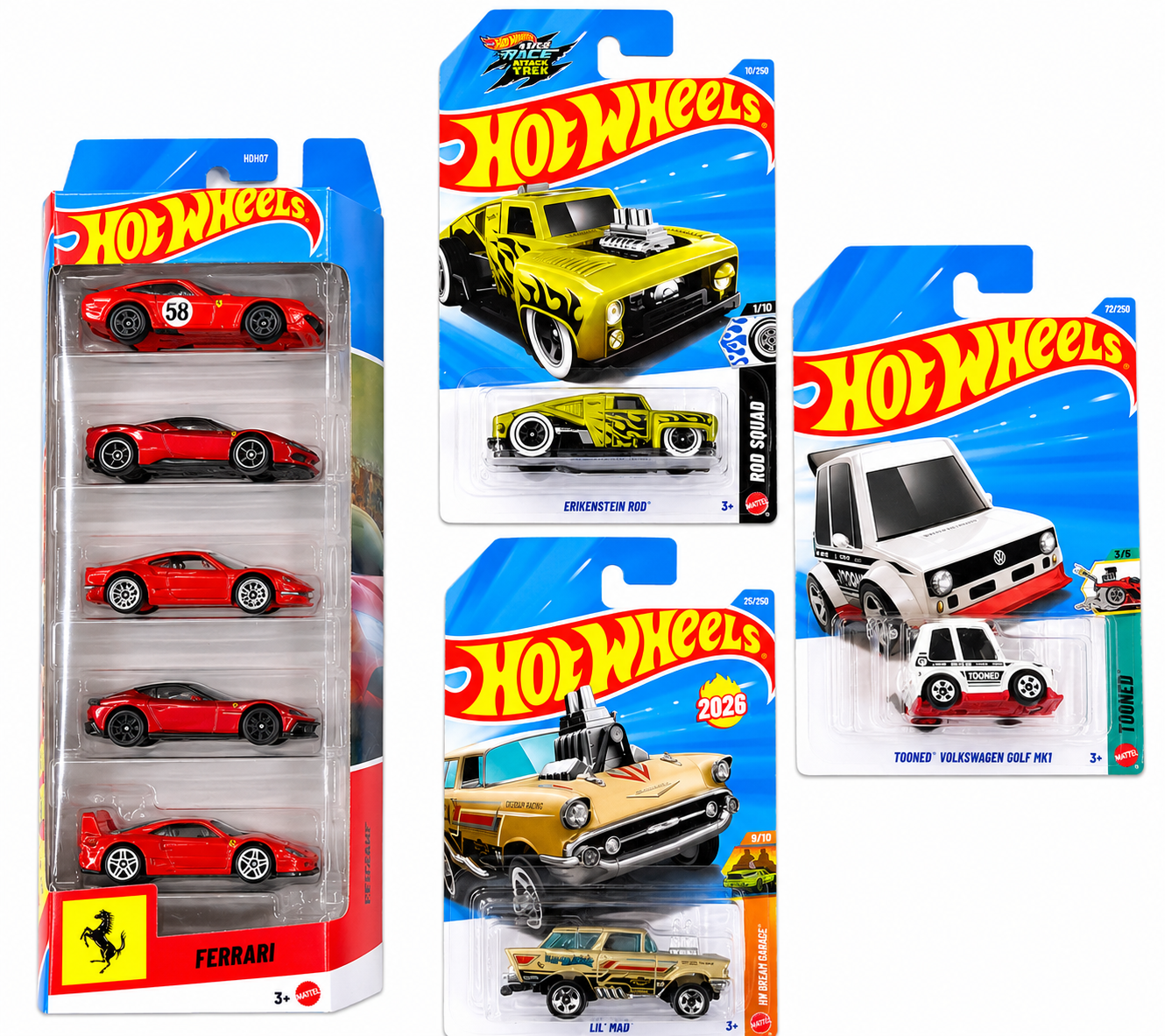 Hot Wheels Ferrari 5 Car Set, Erikenstein Rod, Lil Mad and  Tooned Volkswagen Golf MK1,