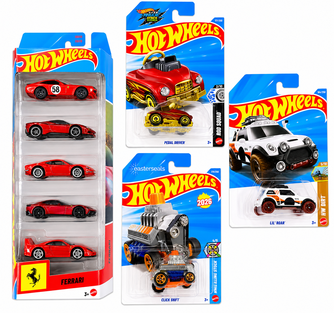 Hot Wheels Ferrari 5 Car Set, Pedal Driver, Click Shift and Lil Roar