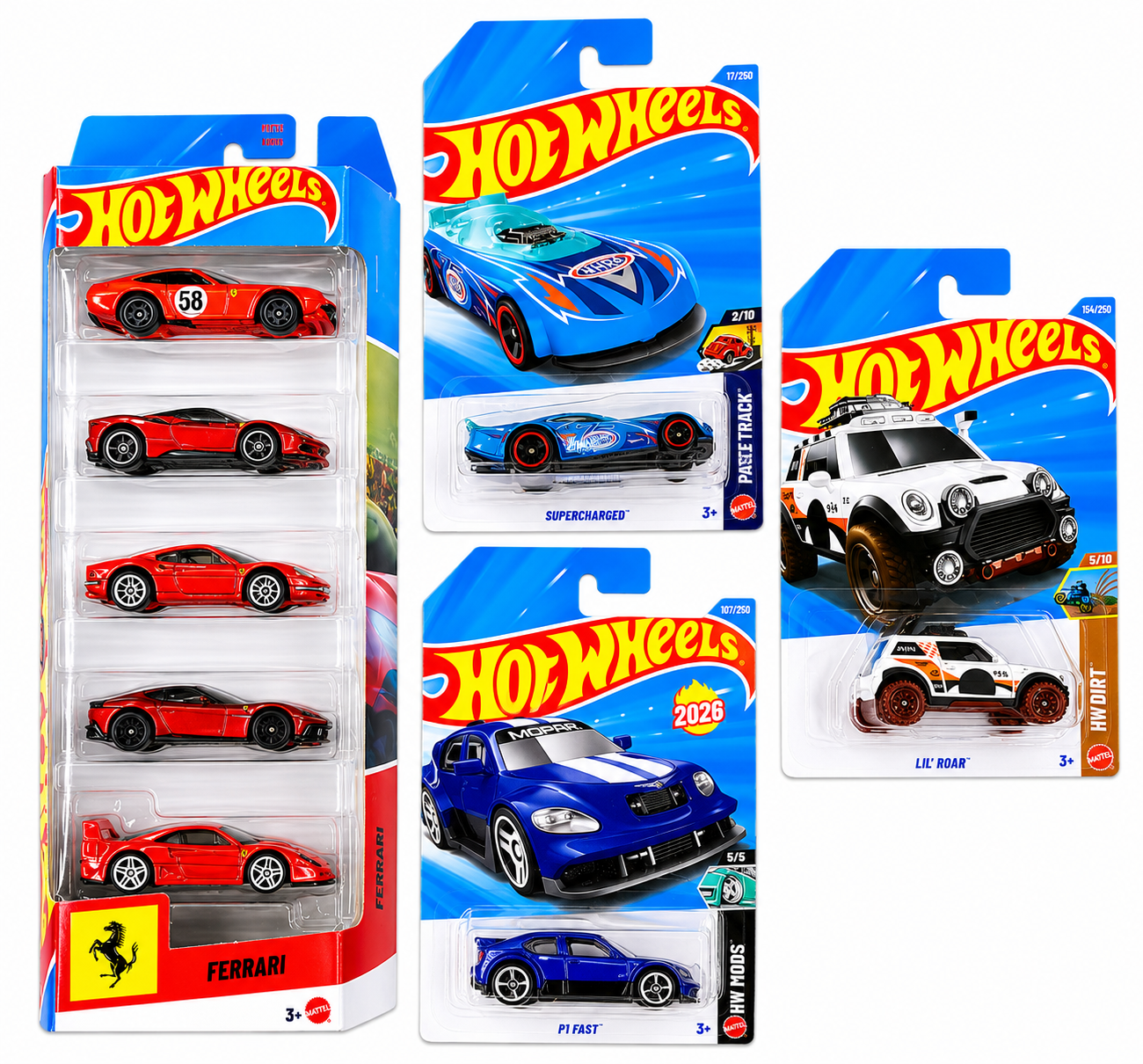 Hot Wheels Ferrari 5 Car Set, Supercharged, PT Fast and Lil Roar