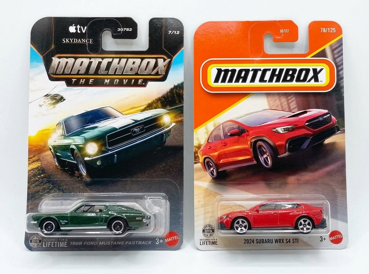 Matchbox 1968 Ford Mustang Fastback and 2024 Subaru WRX S4 STI