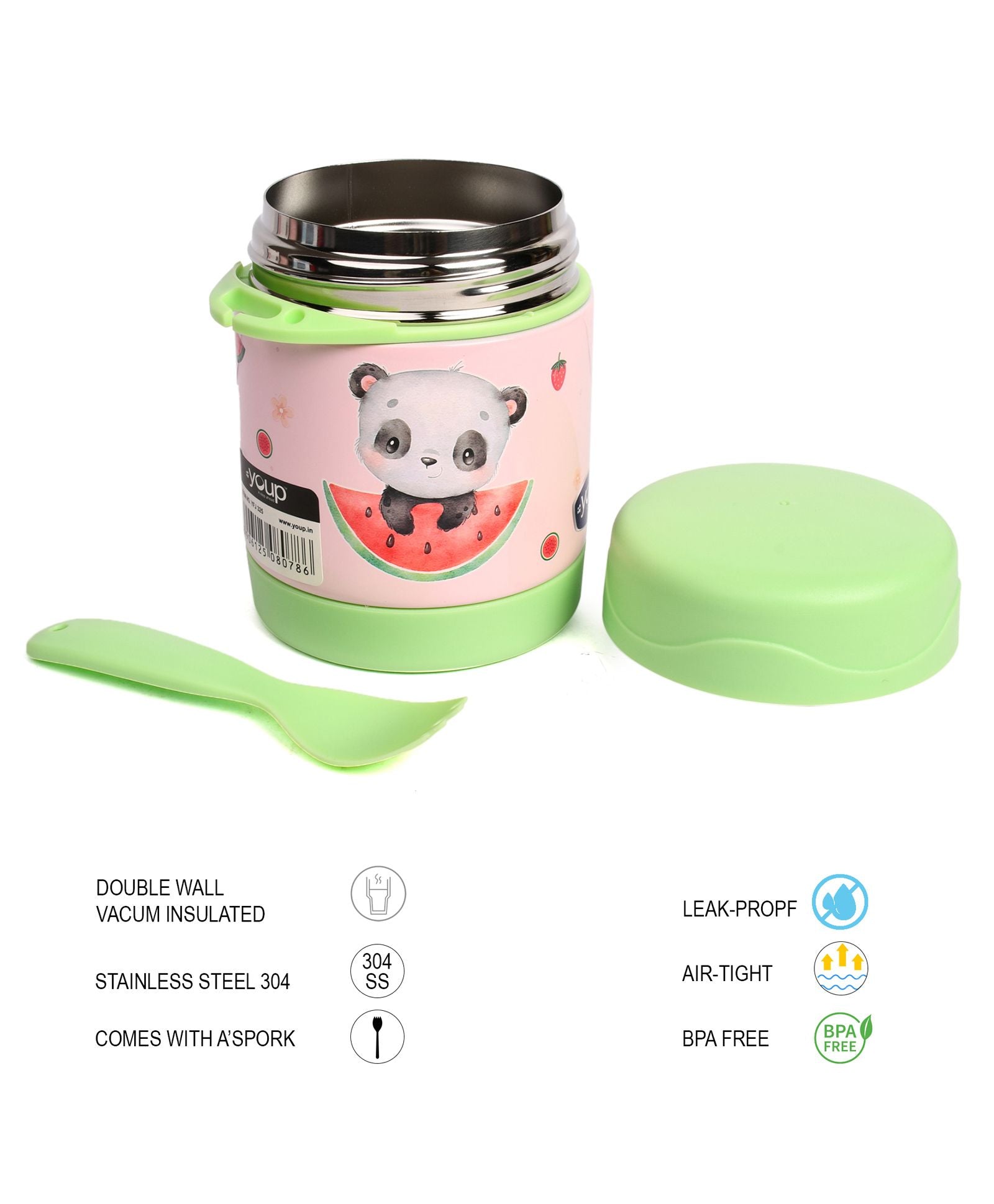 Youp Stainless Steel Insulated Food Jar With Fork Pink - 325 ml