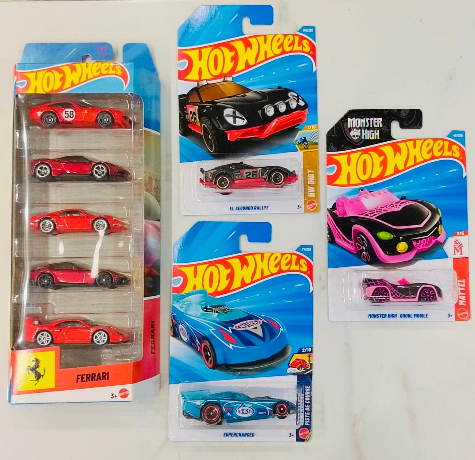 Hot Wheels Ferrari 5 Car Pack, El Segundo Rallye, Supercharged And Monster High Ghoul Mobile