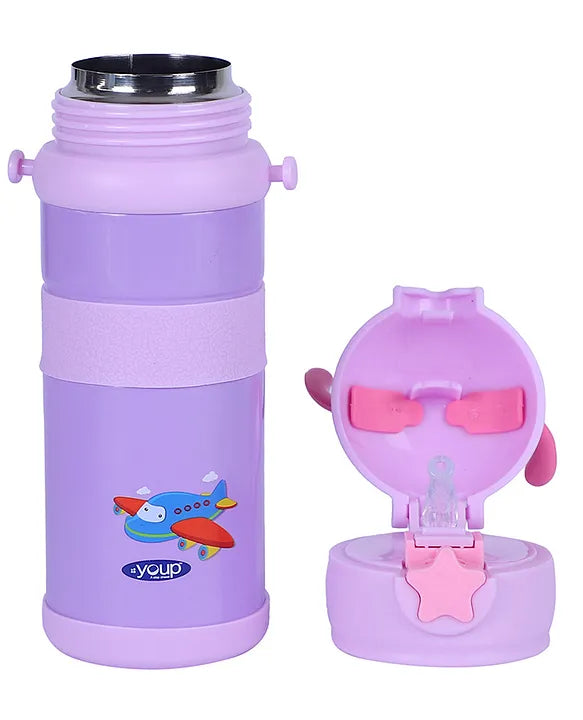 YOUP Stainless Steel Puple Color Owl Print Kids Sipper Bottle With Strap JOY -600 ml