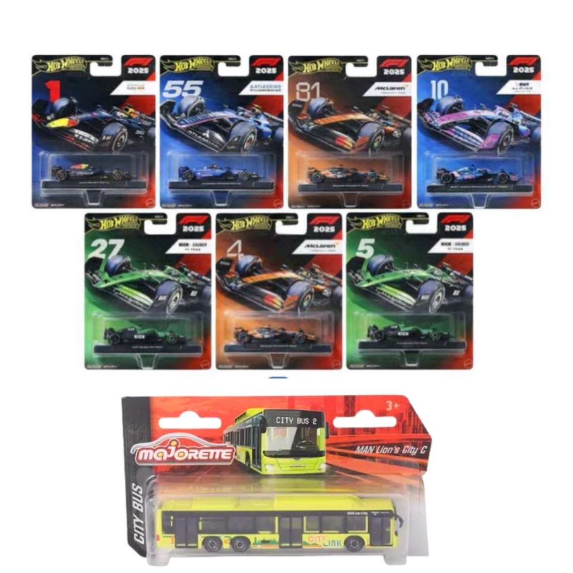 Hot Wheels Formula 1 Team - Set of 7 and Majorette Diecast City Bus - MAN Lions City C Green