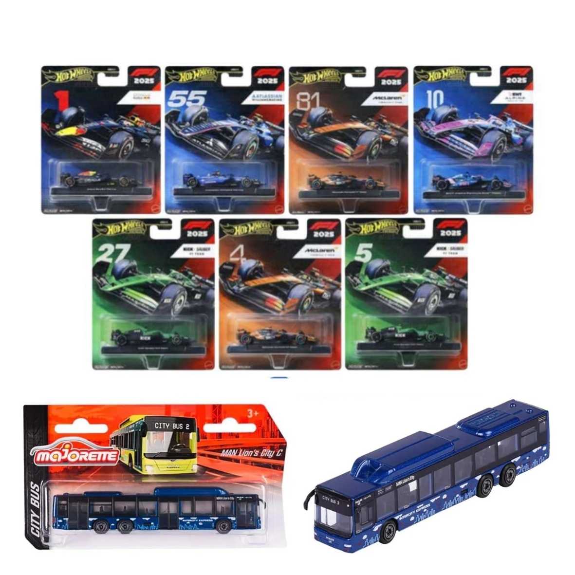 Hot Wheels Formula 1 Team - Set of 7 and Majorette Man Lion's City Bus Blue