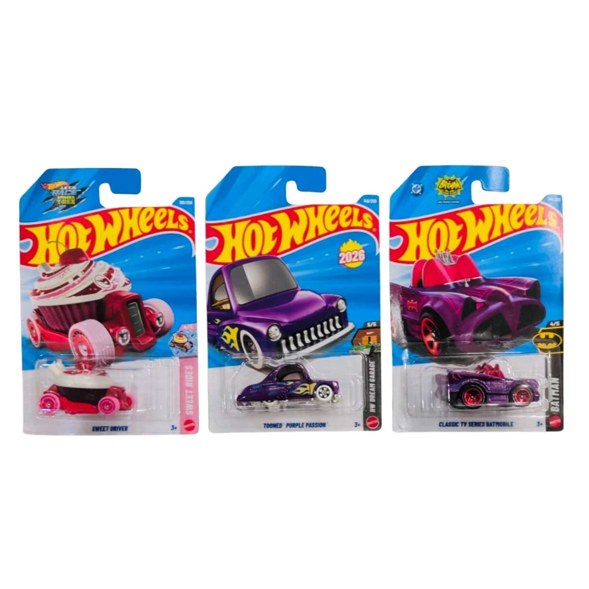 Hot Wheels Sweet Driver, Tooned Purple Passion And Classic TV Series Batmobile