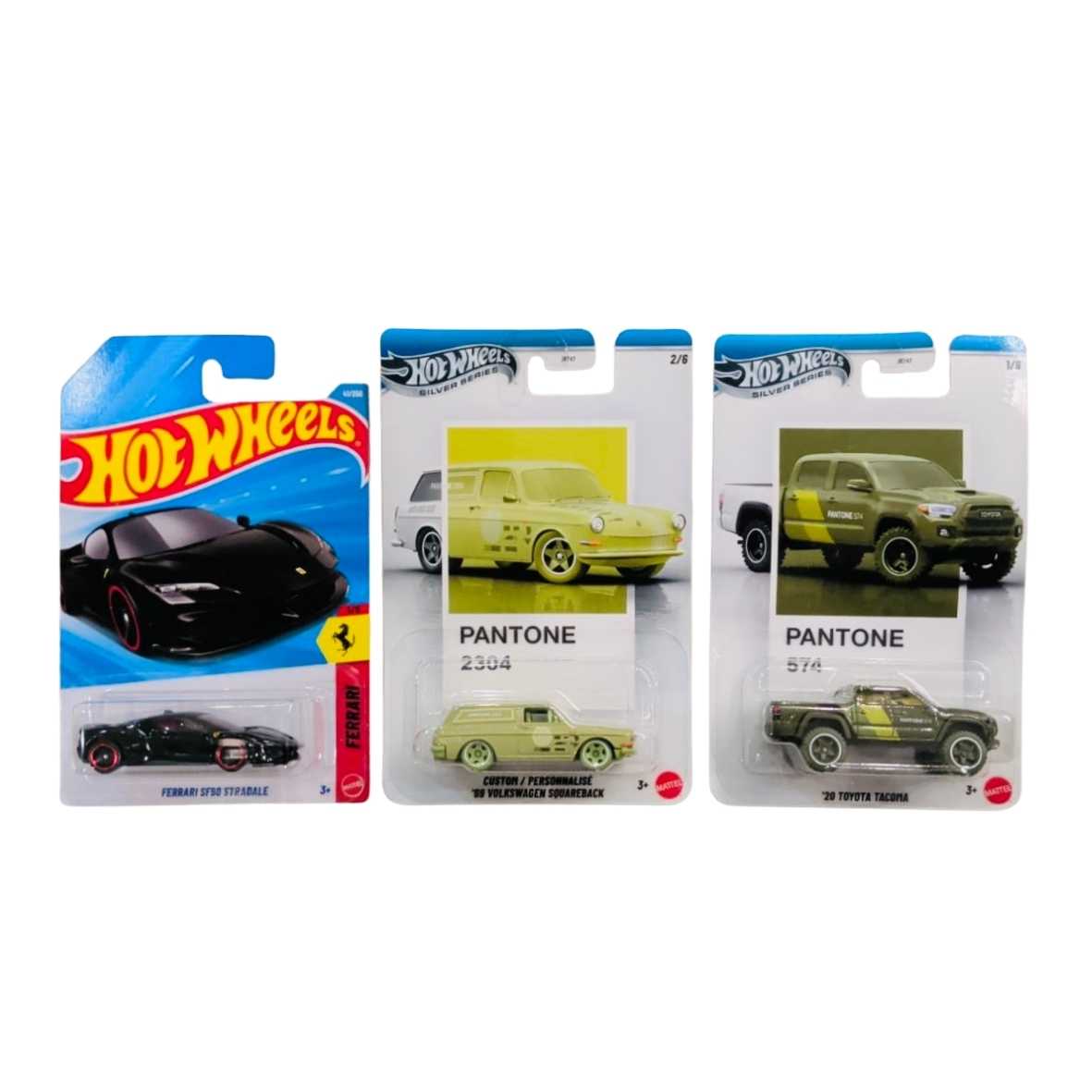 Hot Wheels Ferrari SF90 Stradale, Pantone Custom '89 Volkswagen Squareback And Pantone '20 Toyota Tacoma