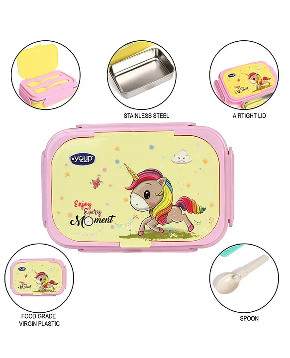 YOUP Stainless Steel Insulated  Unicorn Theme Kids Lunch Box With Fork & Spoon XOLO-850 ml