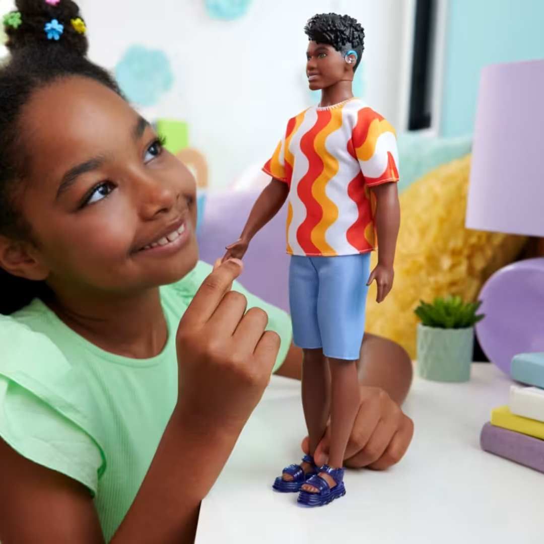 Barbie Fashionistas Ken Doll #220 With Hearing Aids Wearing An Orange Shirt & Jelly Shoes