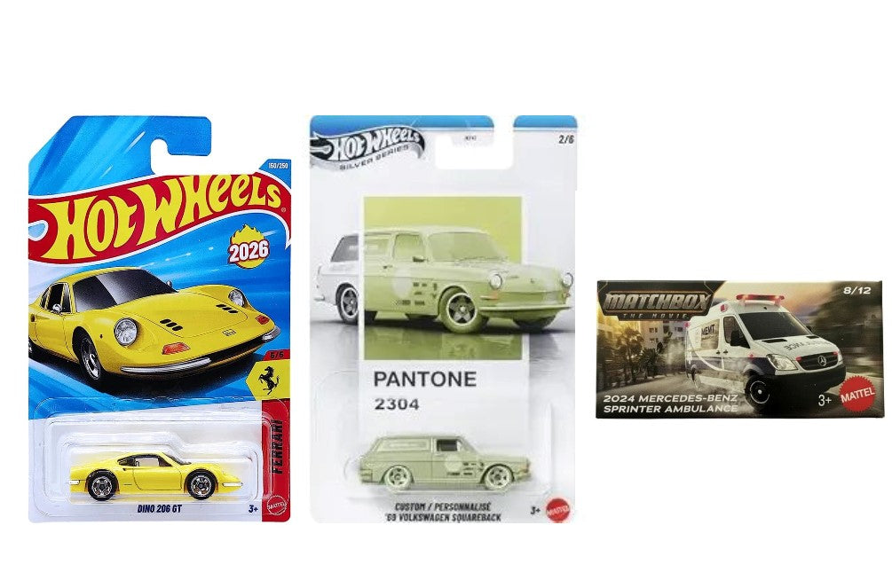 Hot Wheels Dino 206 GT, Pantone Custom/ Personnalise 69 Volkswagen Squareback and Matchbox 2024 Mercedes-Benz Sprinter Ambulance