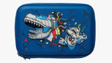 A blue zippered pouch featuring a cartoon graphic of a white alligator and a blue robot crashing through a wall, shown against a plain light gray background.
