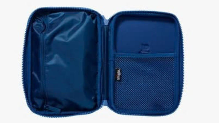 A blue zippered organizer case shown open against a light gray background, featuring a shiny interior lining, a mesh pocket on the right, and a small black brand tag.