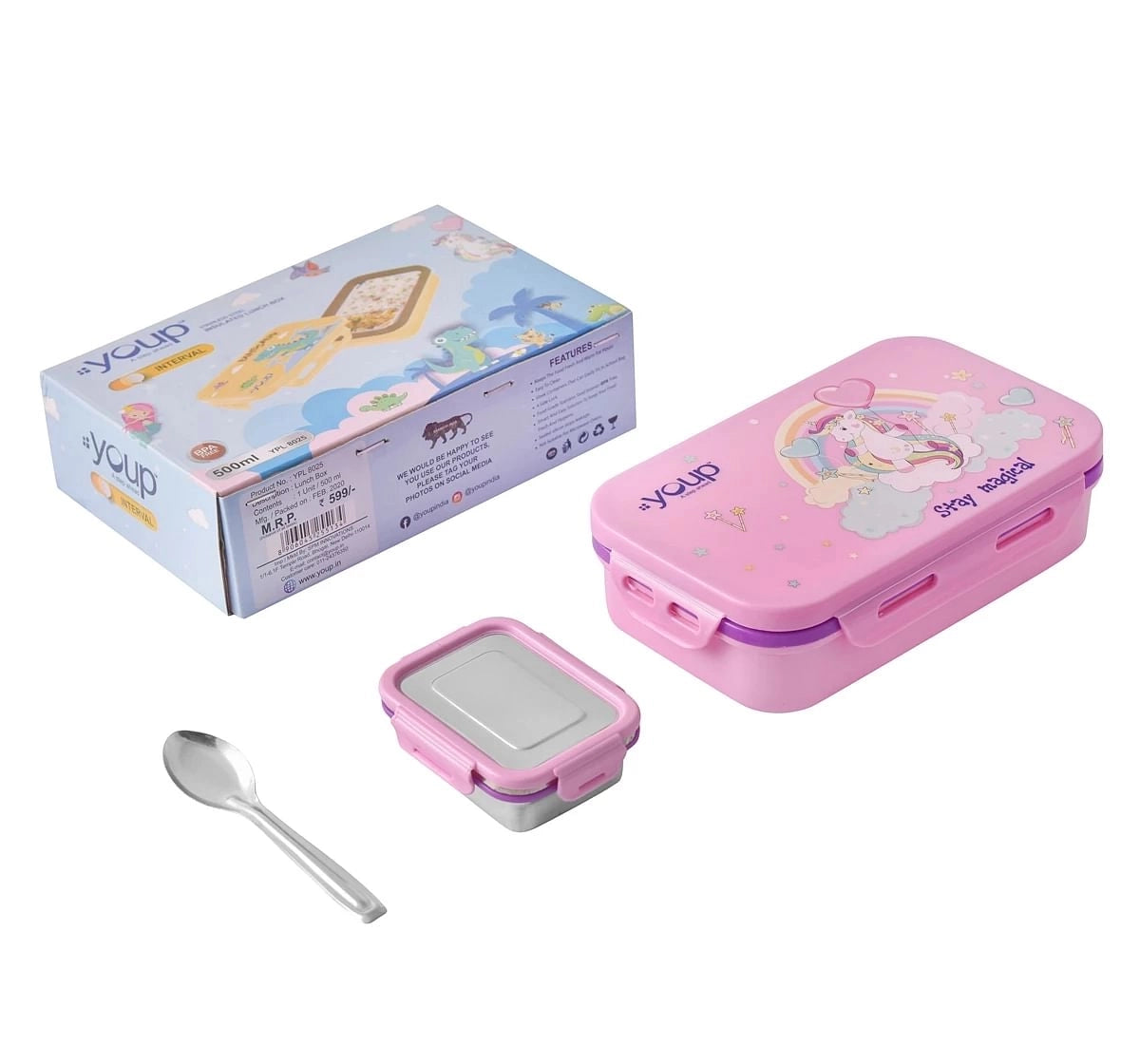 Youp Stainless Steel Kids Lunch Box Intervel Multicolour 3Y+ Assorted