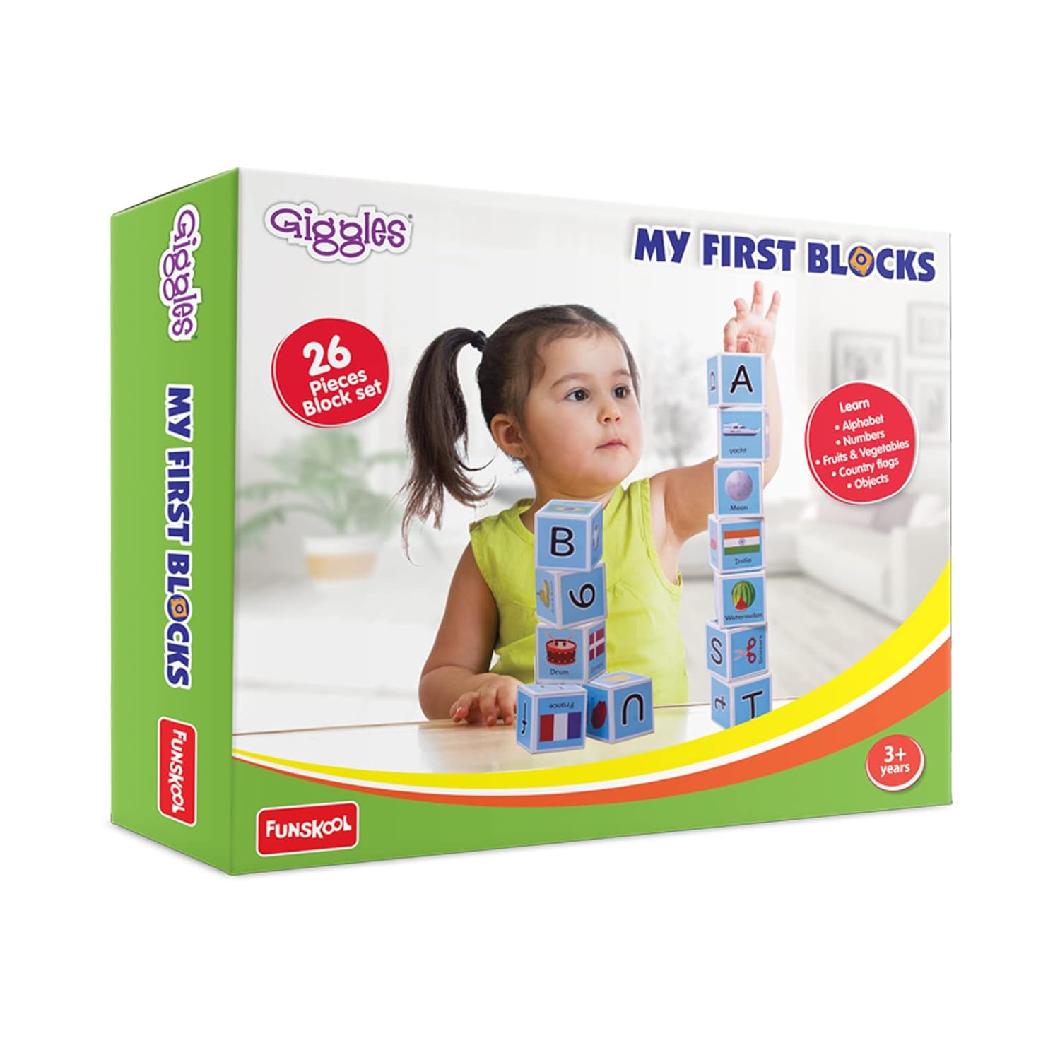 Funskool Giggles - My First Block,Learning Acitvity,Motor Skills, Learn Letters and Numbers, Fruits & Vegetables, Country Flags, Mutlicolor,for 3 Years and Above