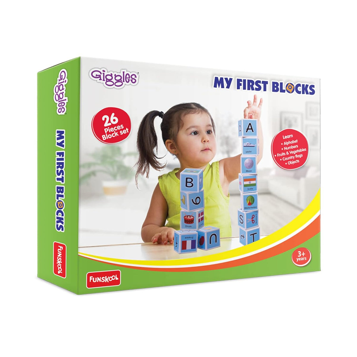 Funskool Giggles - My First Block,Learning Acitvity,Motor Skills, Learn Letters and Numbers, Fruits & Vegetables, Country Flags, Mutlicolor,for 3 Years and Above