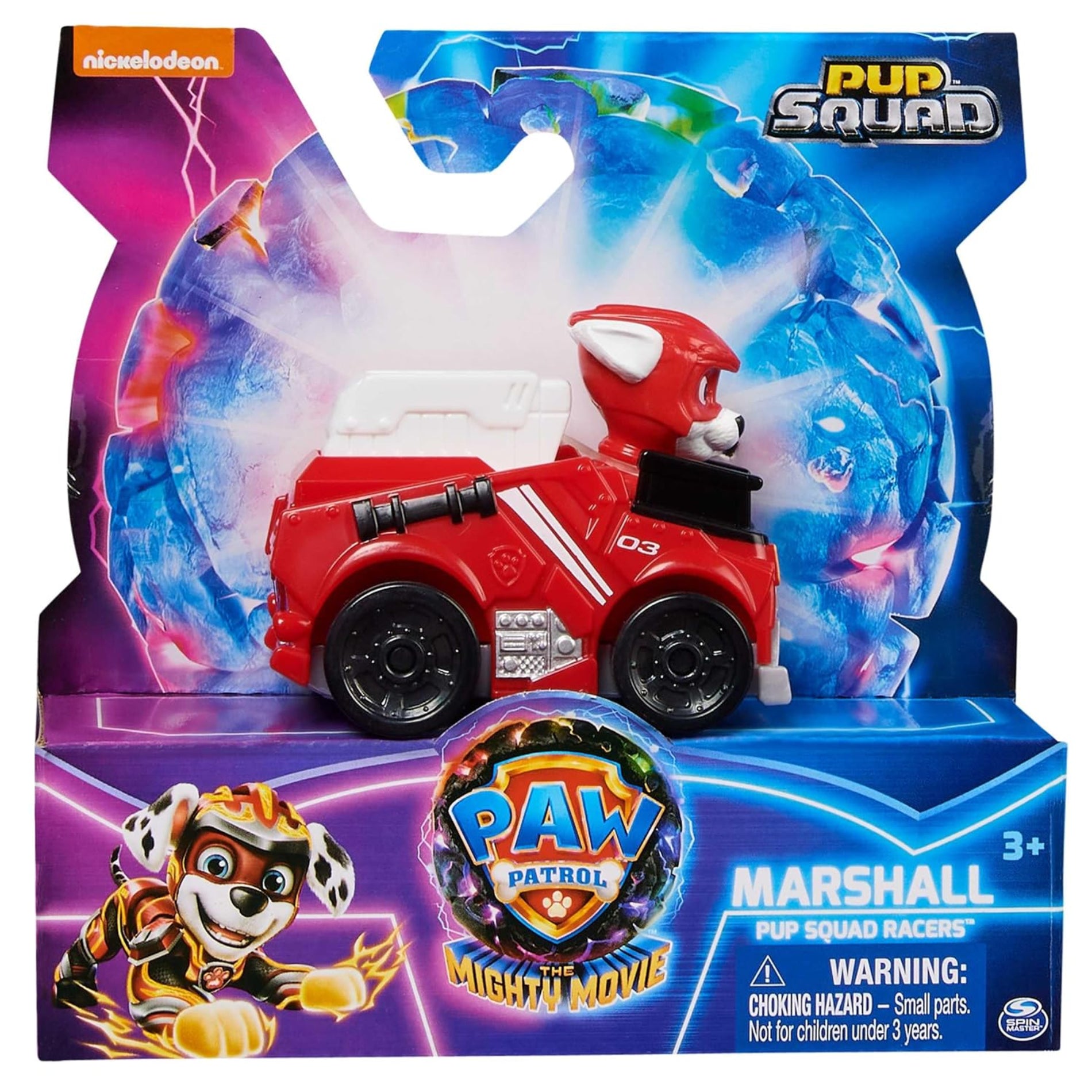 Nickelodeon Paw Patrol Marshall toy racer in its original retail packaging, featuring a red fire truck dog toy with black wheels and a blue and purple illustrated backing card.