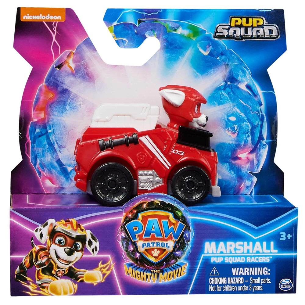 Nickelodeon Paw Patrol Marshall toy racer in its original retail packaging, featuring a red fire truck dog toy with black wheels and a blue and purple illustrated backing card.