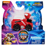 Nickelodeon Paw Patrol Marshall toy racer in its original retail packaging, featuring a red fire truck dog toy with black wheels and a blue and purple illustrated backing card.