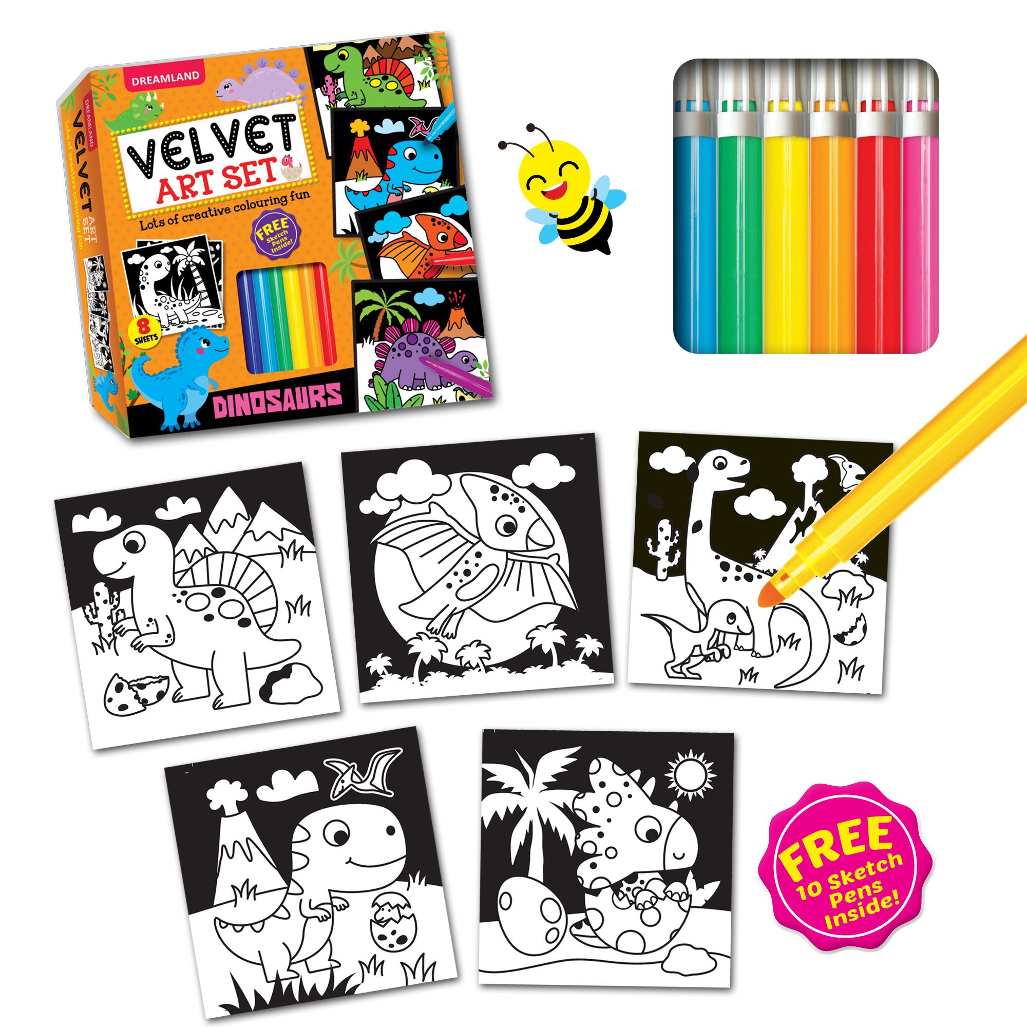 Dreamland Publications - Dinosaurs Velvet Art Set With 10 Free Sketch Pens