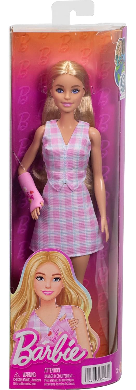 Barbie Fashionistas Doll #243 With Pink Arm Cast And Plaid Top And Skirt, Blonde