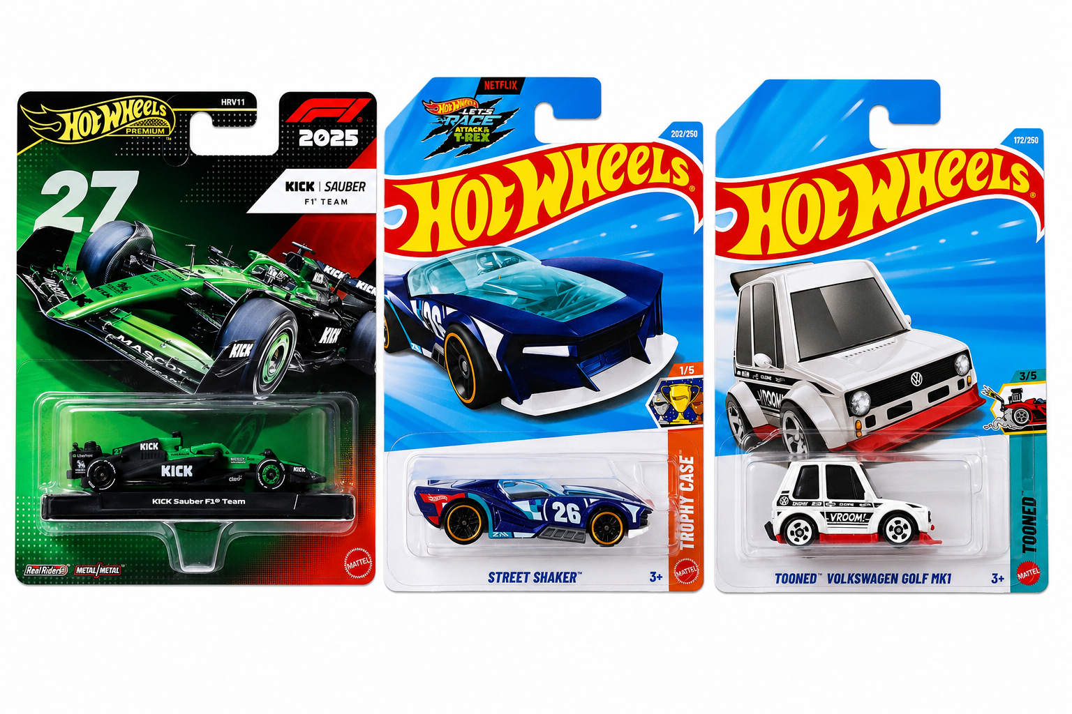 Hot Wheels  Kick Sauber Formula 1 Team (#27), Street Shaker and Tooned Volkswagen Golf MK1