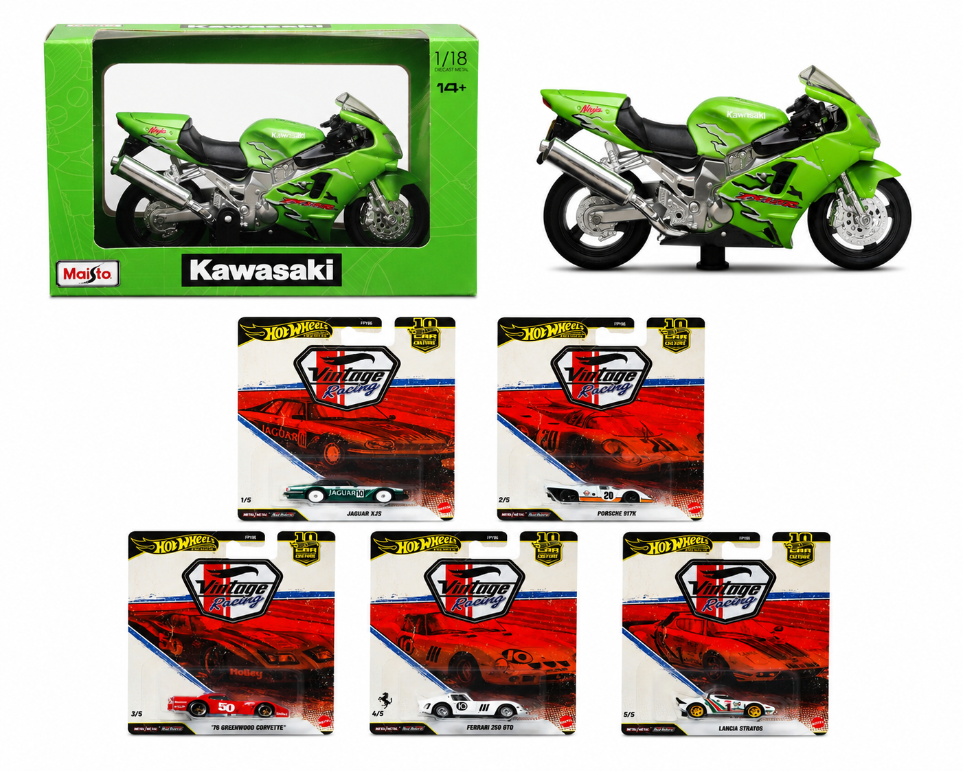 Hot Wheels Premium 2026 | Vintage Racing Set of 5 & Maisto Diecast 1/18 Kawasaki Ninja ZX-12R