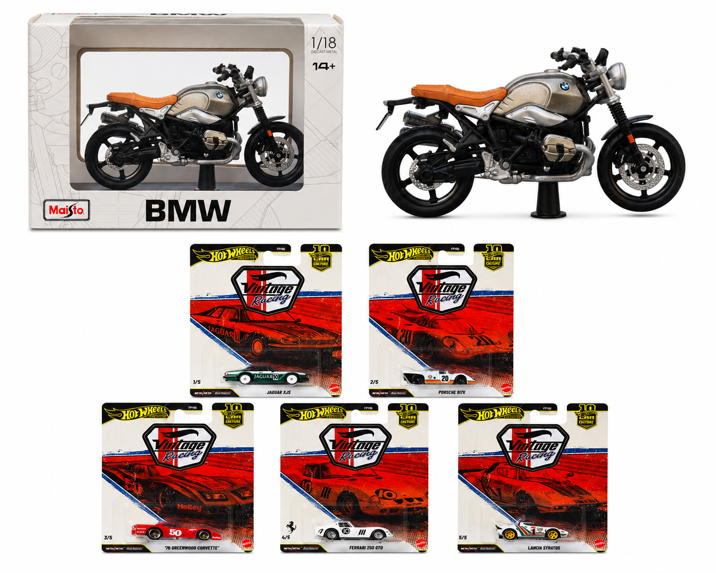Hot Wheels Premium 2026 | Vintage Racing Set of 5 & Maisto Diecast 1/18 BMW R nineT Scrambler