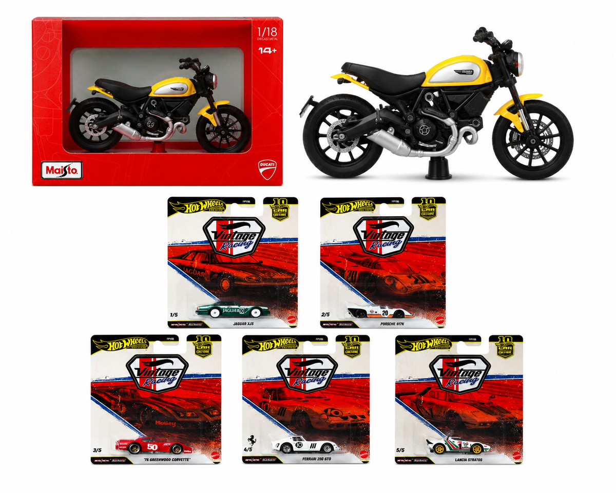 Hot Wheels Premium 2026 | Vintage Racing Set of 5 & Maisto Diecast 1/18 Scrambler Ducati ICON