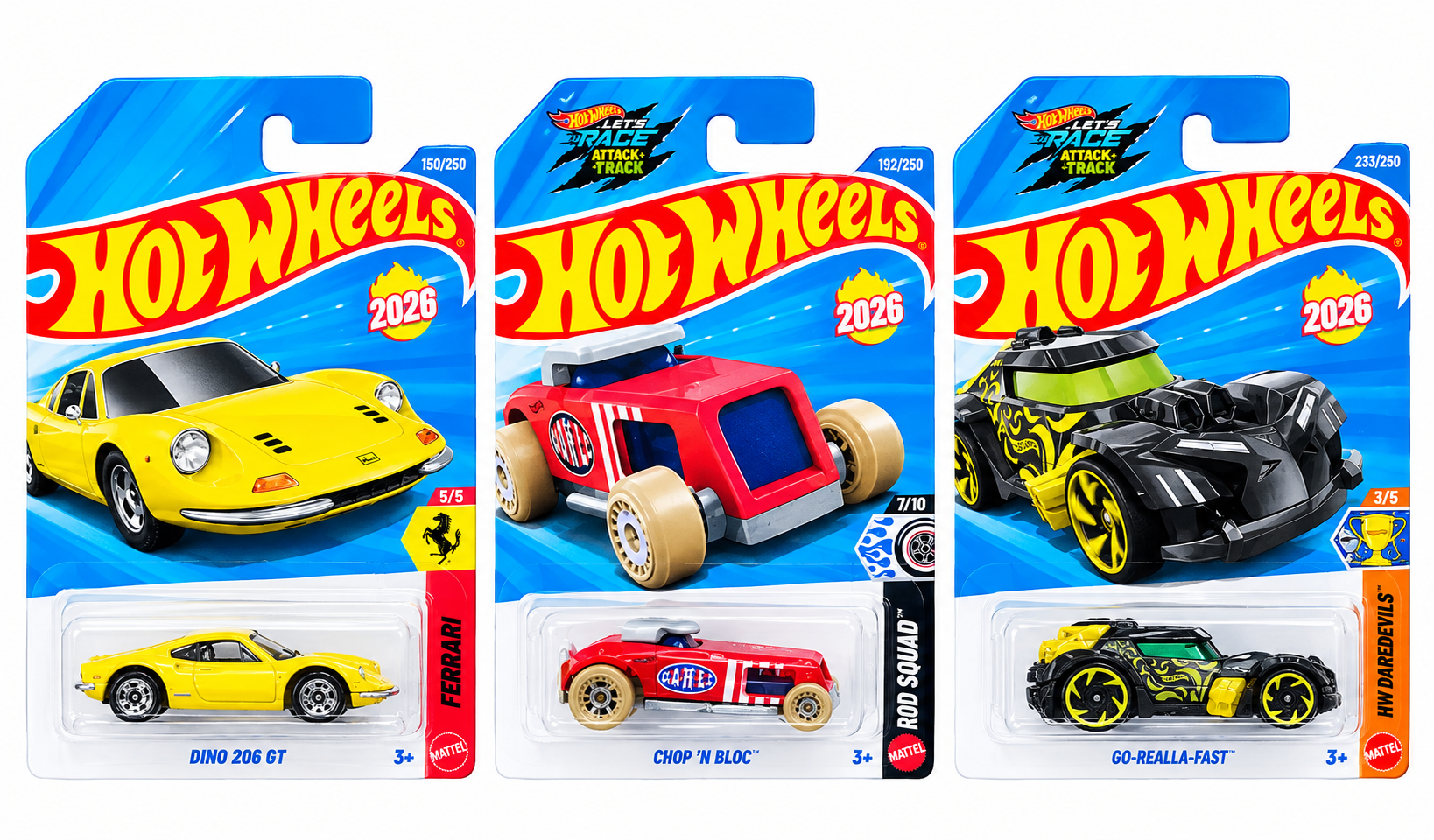 Hot Wheels Dino 206 GT, Chop 'N Bloc and Go-Realla-Fast