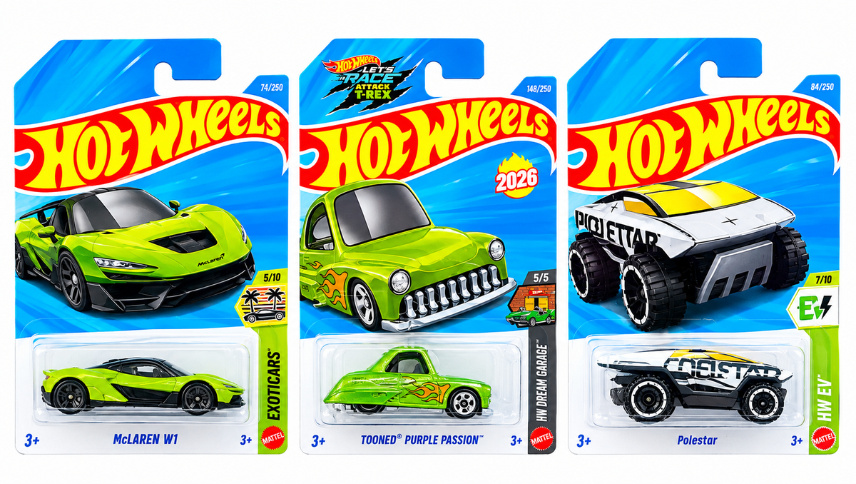 Hot Wheels McLaren W1, Tooned Purple Passion and Polestar