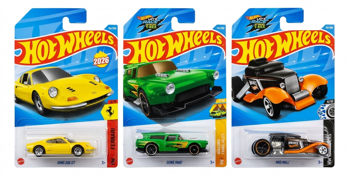 Hot Wheels Dino 206 GT, Gone Mad and Mid Mill