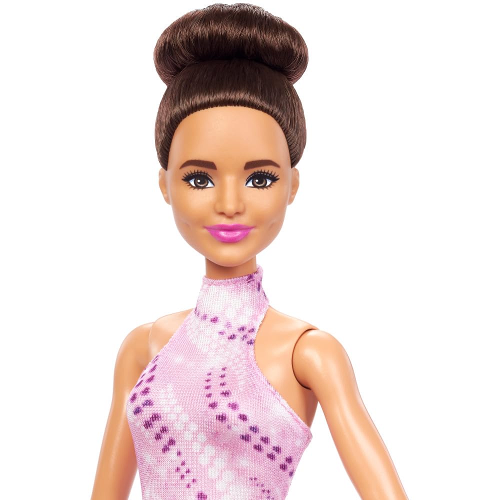 Barbie Careers Fashion Doll & Accessories, Brunette in Removable Pink Skate Outfit with Ice Skates & Trophy