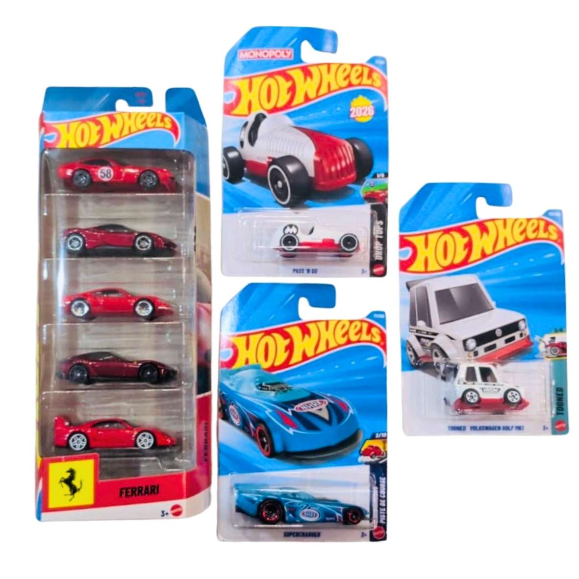 Hot Wheels Ferrari 5 Car Set, Supercharged, Pass 'N Go And Tooned Volkswagen Golf / MKI