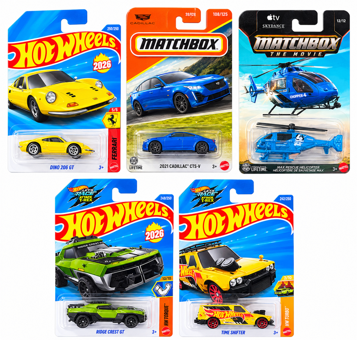 Hot Wheels Dino 206 GT, Matchbox Cadillac CT5-V, MBX Rescue Helicopter, Ridge Crest and Time Shifter