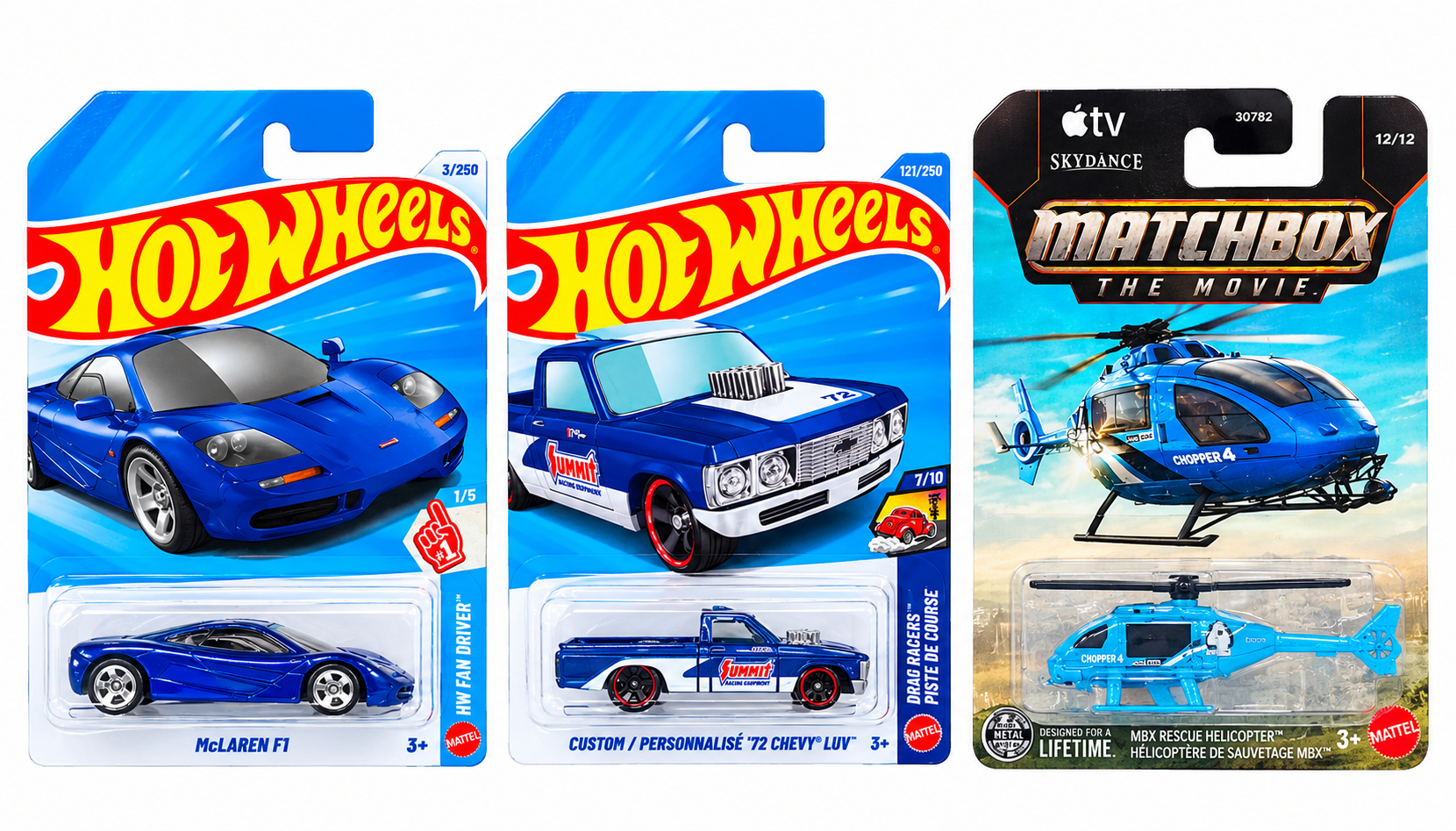 Hot Wheels McLaren F1, Custom/Perssonalise '72 Chvey Luv and MBX Rescue Helicopter